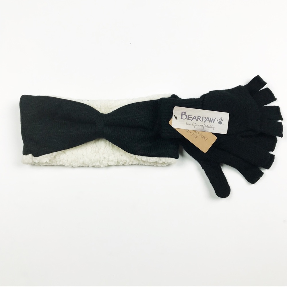 NWT Bearpaw Black Sherpa Bow Headband & Gloves